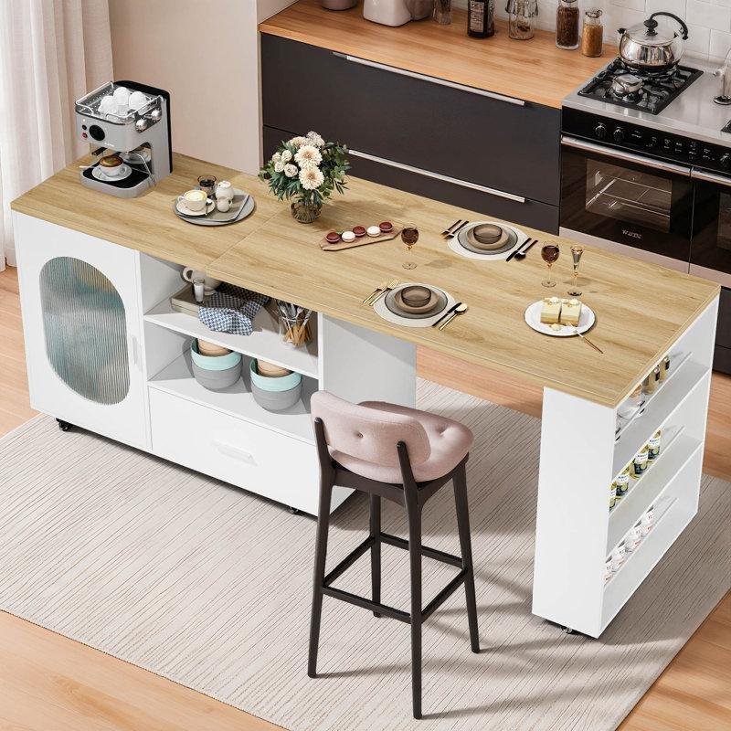 Beyaz Meşe ve Meşe MDF Tekerlekli Çekmeceli Mutfak Adası - 176438
