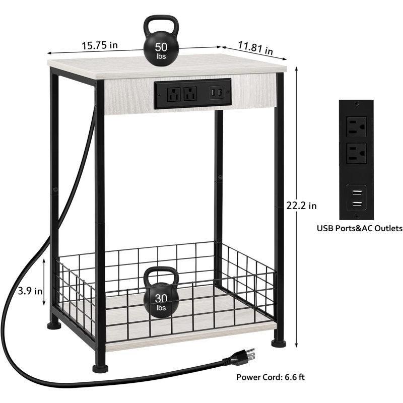 Beyaz Metal Prizli ve USB Girişli Raflı İkili Komodin Seti - 41x30x57 cm - 223883
