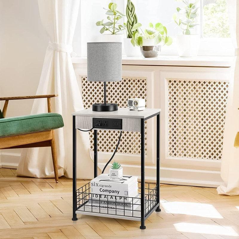 Beyaz Metal Prizli ve USB Girişli Raflı İkili Komodin Seti - 41x30x57 cm - 223883