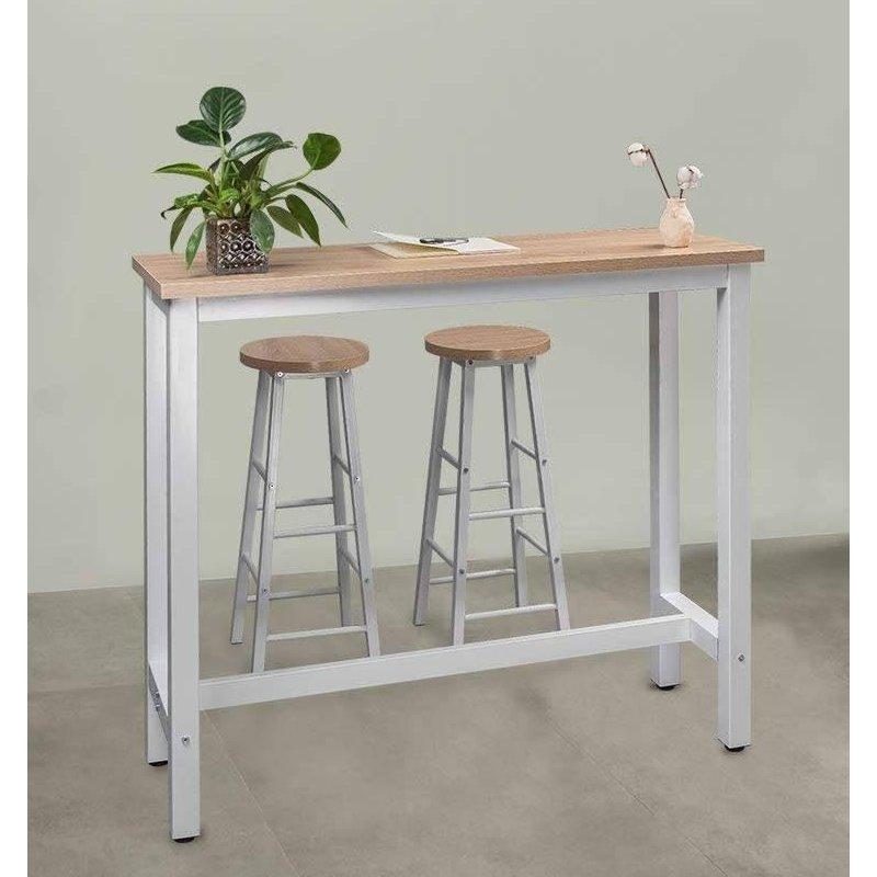 Beyaz Metal ve Açık Meşe MDF 2 Tabureli Dikdörtgen Bar Masası Seti - 120x40 cm - 232427