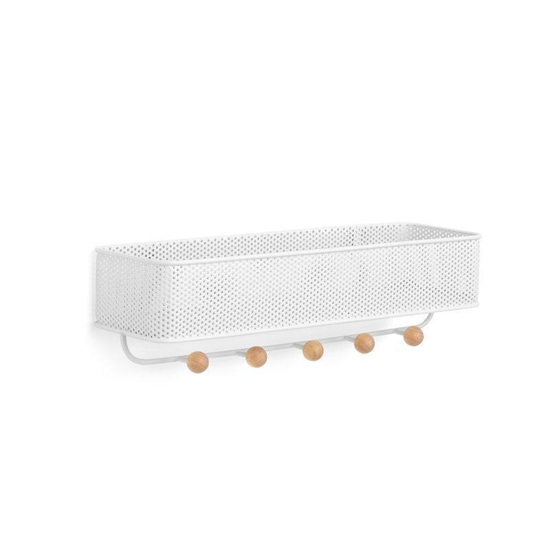 Beyaz Metal ve Ahşap 5 Kancalı Sepetli Duvar Rafı - 32x10 cm - 179319