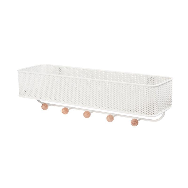 Beyaz Metal ve Ahşap 5 Kancalı Sepetli Duvar Rafı - 32x10 cm - 179319