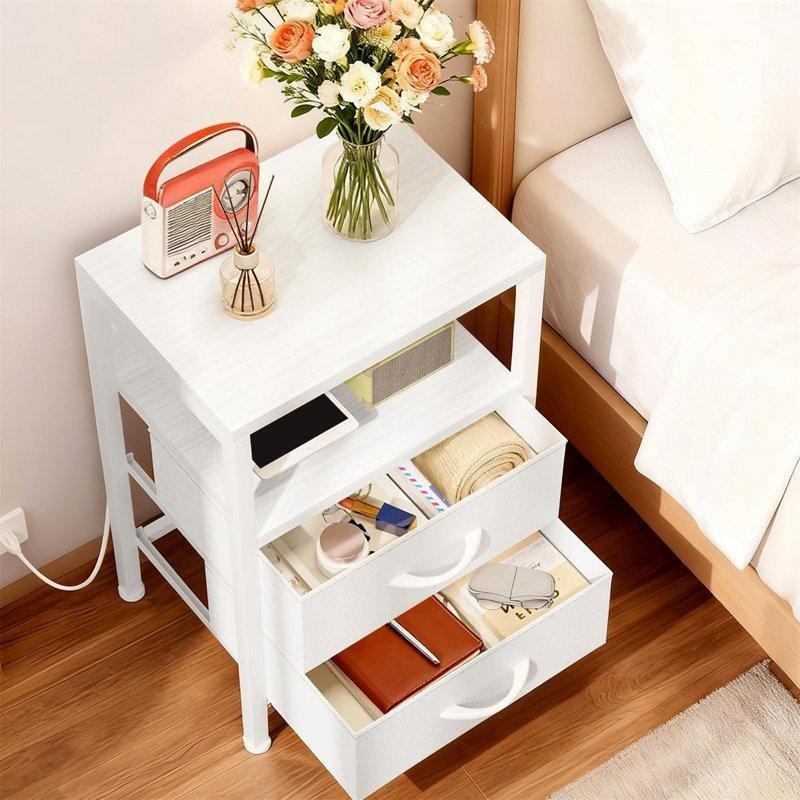Beyaz Metal ve Ahşap Şarj İstasyonlu 2 Kumaş Çekmeceli Raflı Komodin - 40x23x60 cm - 223825