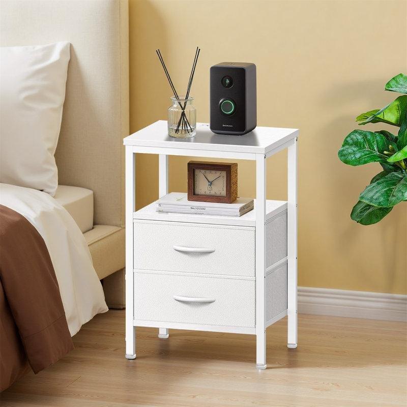 Beyaz Metal ve Ahşap Şarj İstasyonlu 2 Kumaş Çekmeceli Raflı Komodin - 40x23x60 cm - 223825