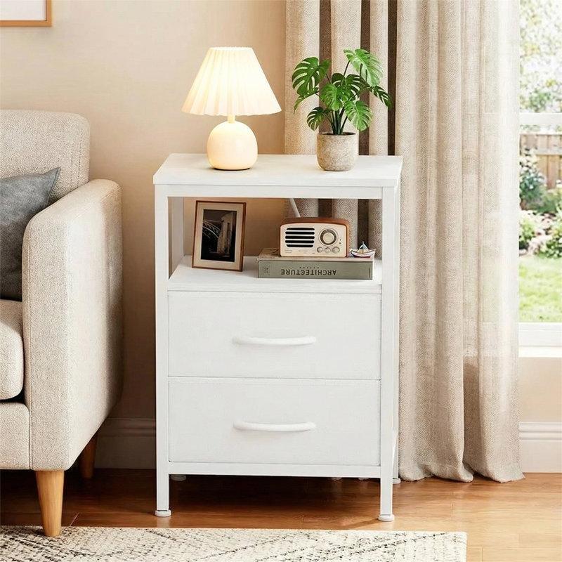 Beyaz Metal ve Ahşap Şarj İstasyonlu 2 Kumaş Çekmeceli Raflı Komodin - 40x23x60 cm - 223825