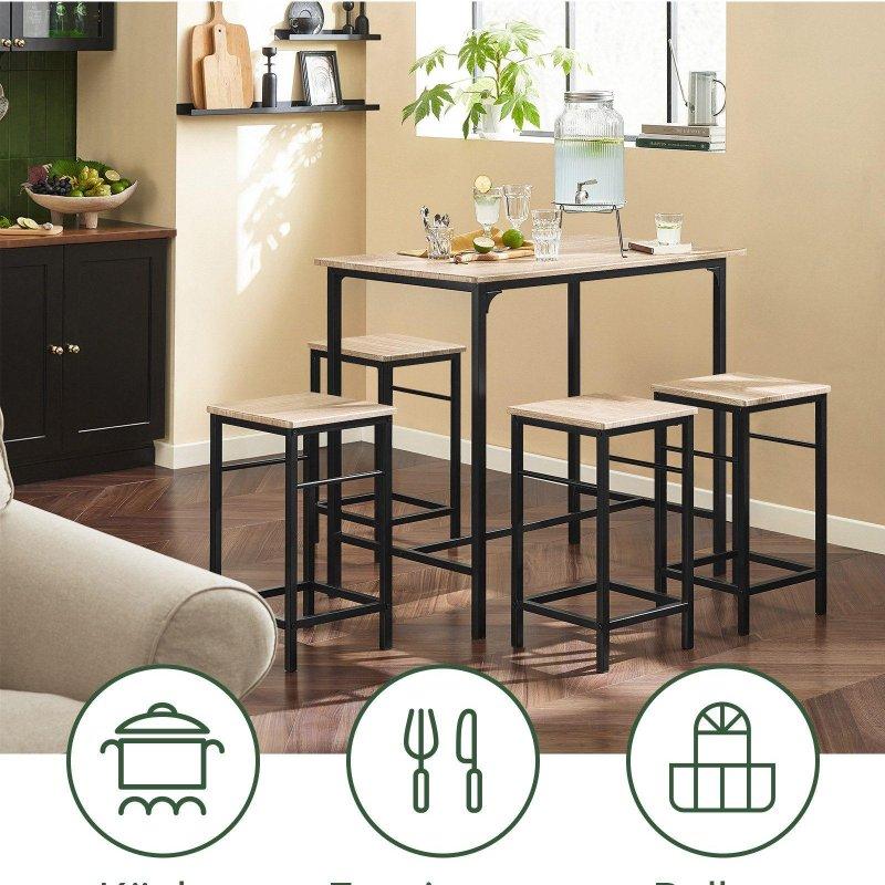 Beyaz Metal ve Doğal Ahşap MDF 4 Tabureli Bar Masası Seti - 100x60 cm - 232569