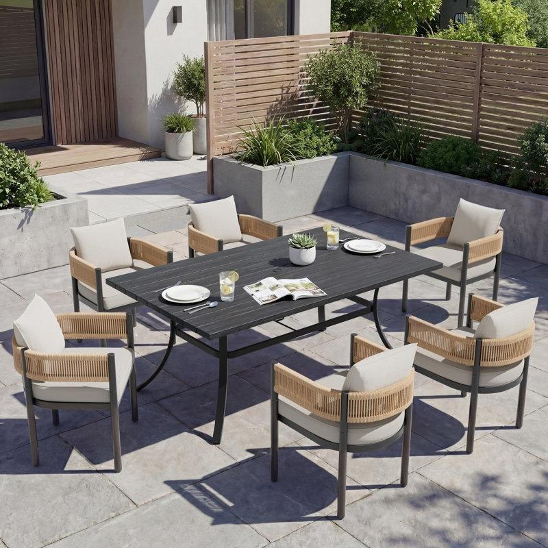 Beyaz Minderli Siyah Çelik Şemsiye Delikli 6 Kişilik Rattan Bahçe Masa Takımı - 216813