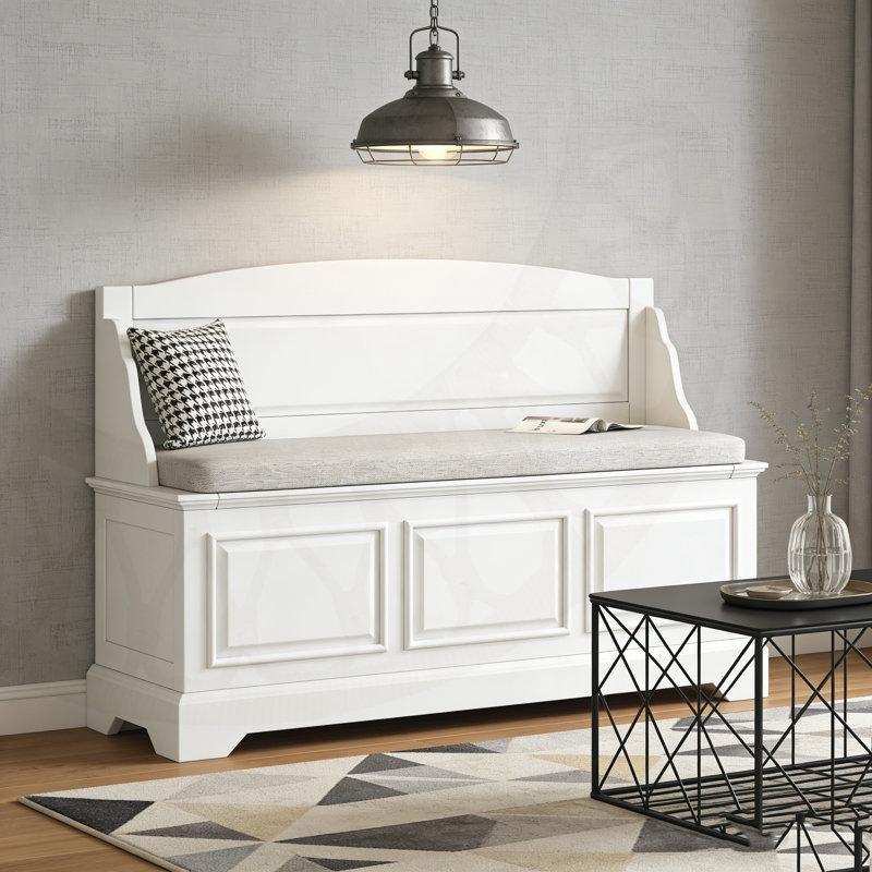 Beyaz Minderli Yavaş Kapanır Kapaklı Masif Çam Ahşap Retro Bench - 106 cm - 164626
