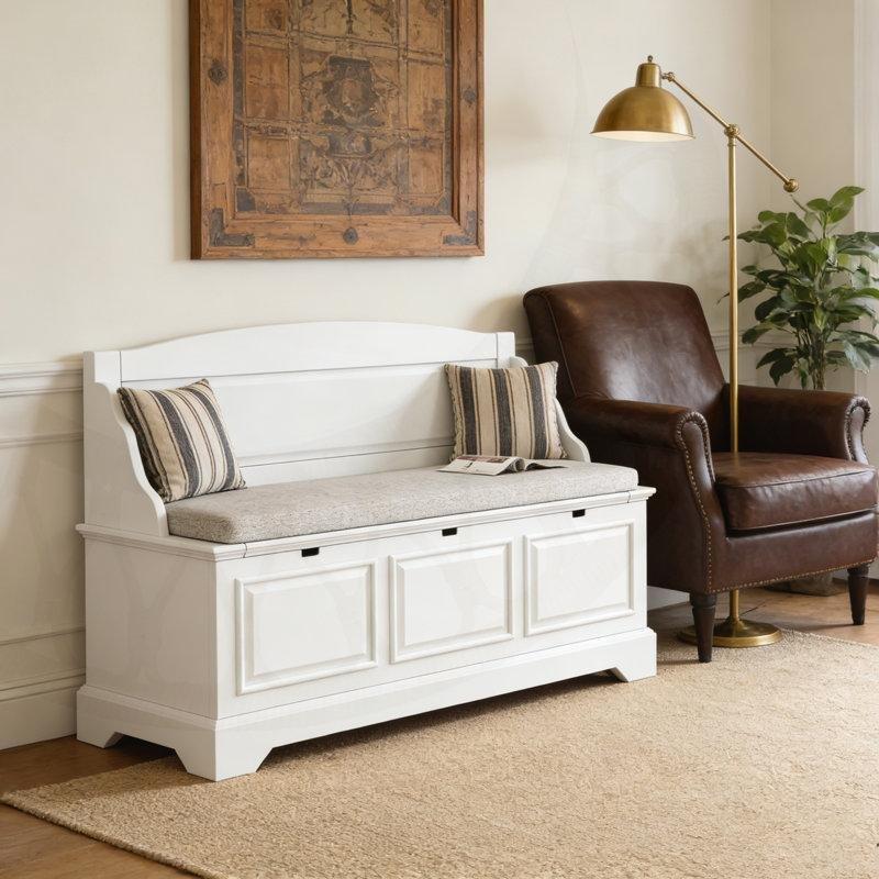 Beyaz Minderli Yavaş Kapanır Kapaklı Masif Çam Ahşap Retro Bench - 106 cm - 164626
