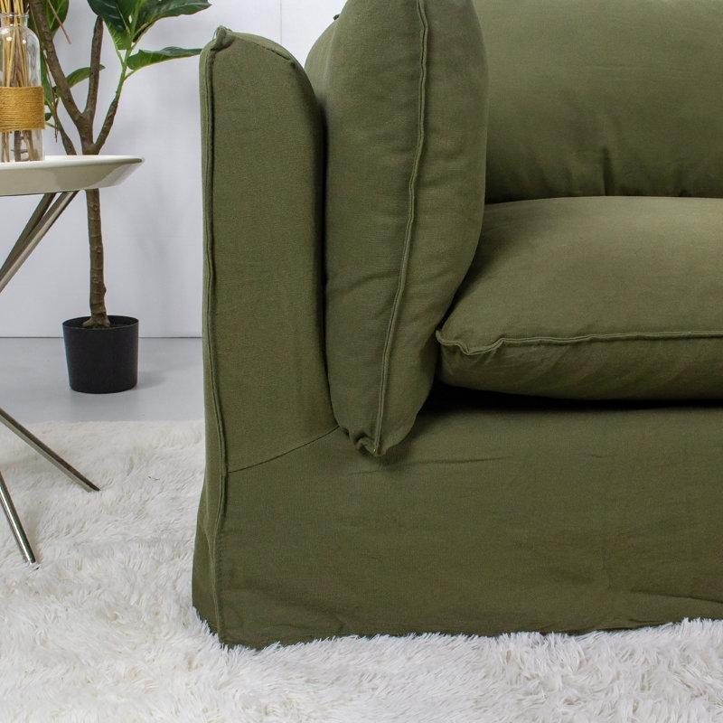 Beyaz Pamuk Kumaş Masif Ahşap İskeletli Kılıflı Kuş Tüyü Minderli Koltuk - 204 cm - 196008