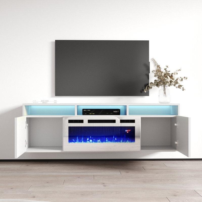 Beyaz Parlak Suntalam Elektrikli Şömineli Duvara Monte TV Ünitesi - 161 cm - 220223