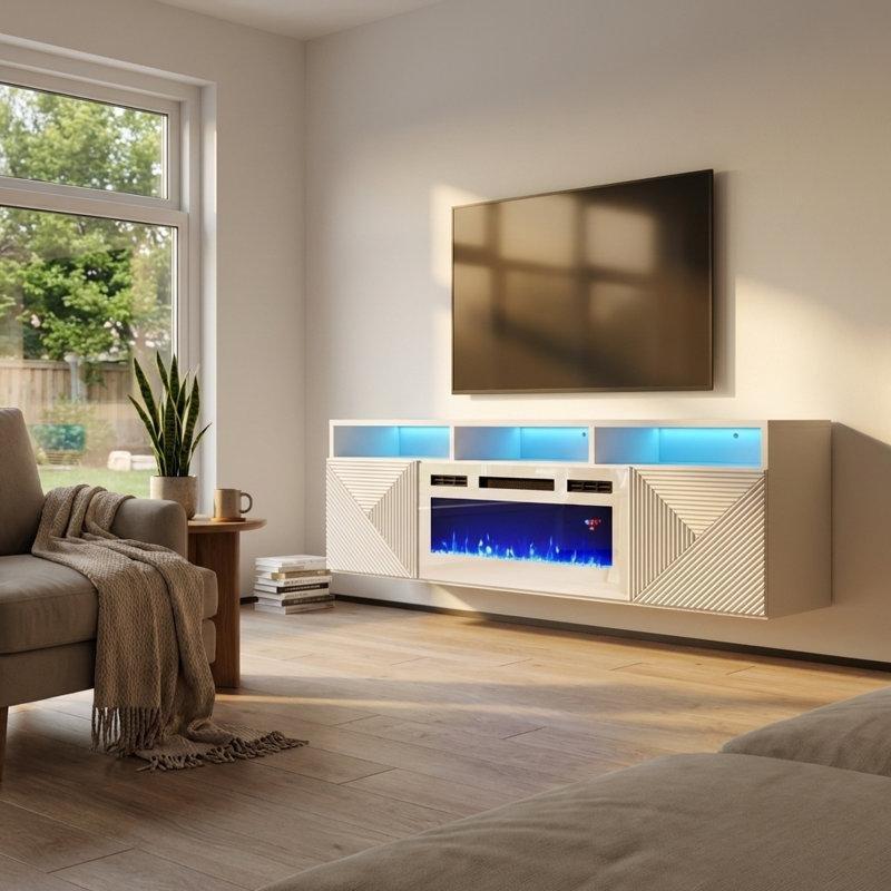 Beyaz Parlak Suntalam Elektrikli Şömineli Duvara Monte TV Ünitesi - 161 cm - 220223