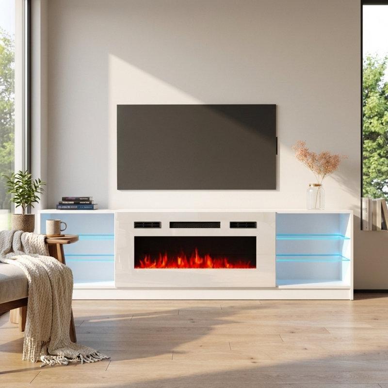 Beyaz Parlak Yüzeyli Elektrikli Şömineli TV Ünitesi - 200 cm - 220234