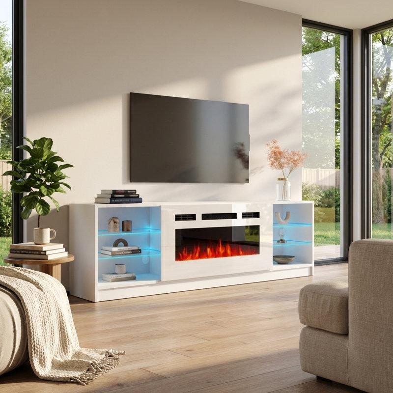 Beyaz Parlak Yüzeyli Elektrikli Şömineli TV Ünitesi - 200 cm - 220234