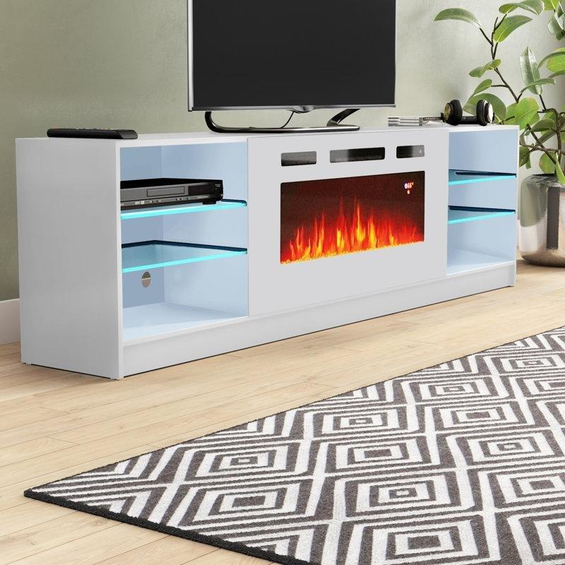 Beyaz Parlak Yüzeyli Elektrikli Şömineli TV Ünitesi - 200 cm - 220234