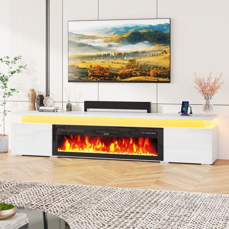 Beyaz Parlak Yüzeyli Şarj İstasyonlu ve LED Işıklı Şömineli TV Ünitesi - 230 cm - 222228