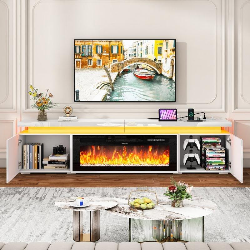 Beyaz Parlak Yüzeyli Şarj İstasyonlu ve LED Işıklı Şömineli TV Ünitesi - 230 cm - 222228