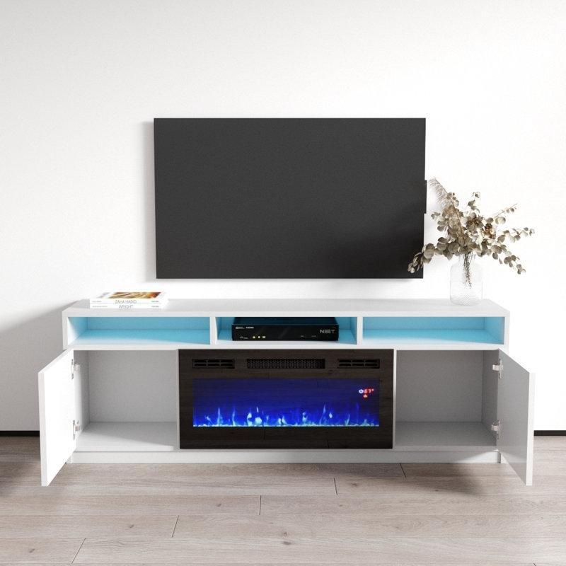 Beyaz Parlak Yüzeyli Suntalam Elektrikli Şömineli Tv Ünitesi - 161 cm - 220829