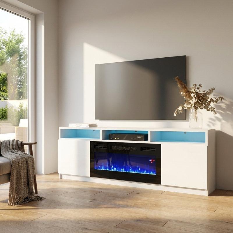 Beyaz Parlak Yüzeyli Suntalam Elektrikli Şömineli Tv Ünitesi - 161 cm - 220829