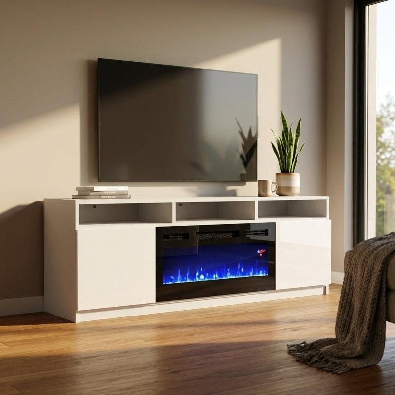 Beyaz Parlak Yüzeyli Suntalam Elektrikli Şömineli Tv Ünitesi - 161 cm - 220829