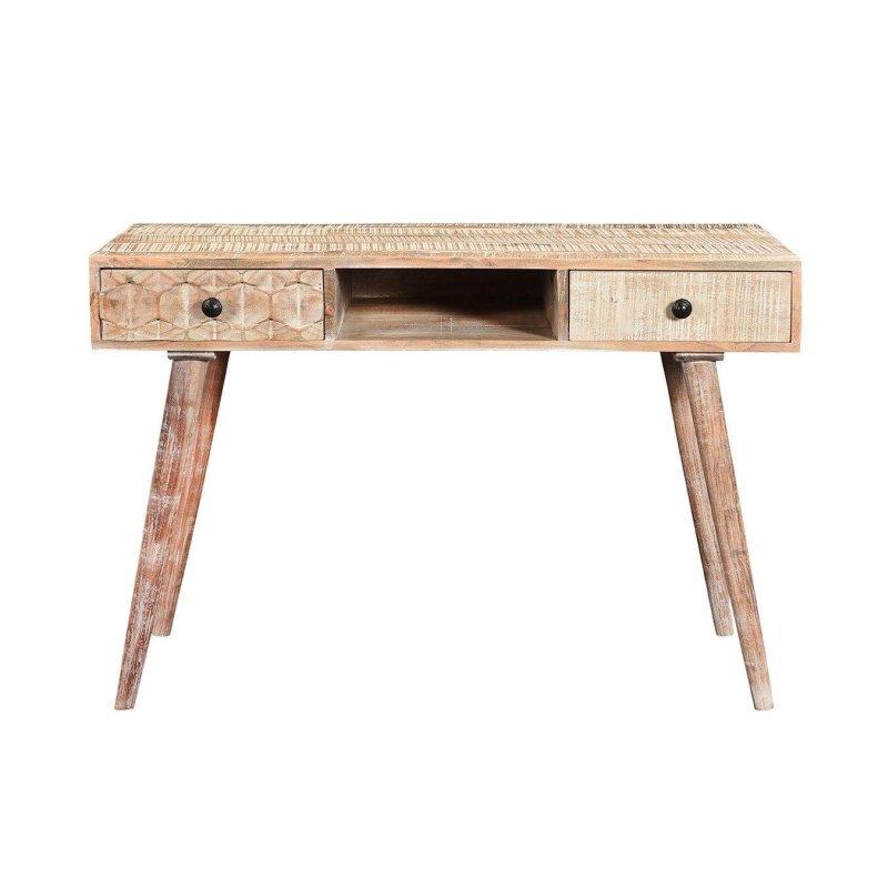 Beyaz Pigmentli Masif Akasya Ağacı 2 Çekmeceli Raflı Vintage Çalışma Masası - 115x56 cm - 235137