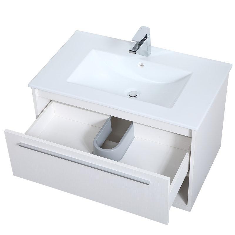 Beyaz Porselen Tezgahlı Ahşap Duvara Monte Çekmeceli Raflı Banyo Lavabo Dolabı - 77 cm - 201108