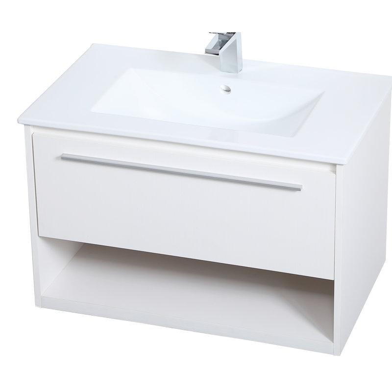 Beyaz Porselen Tezgahlı Ahşap Duvara Monte Çekmeceli Raflı Banyo Lavabo Dolabı - 77 cm - 201108