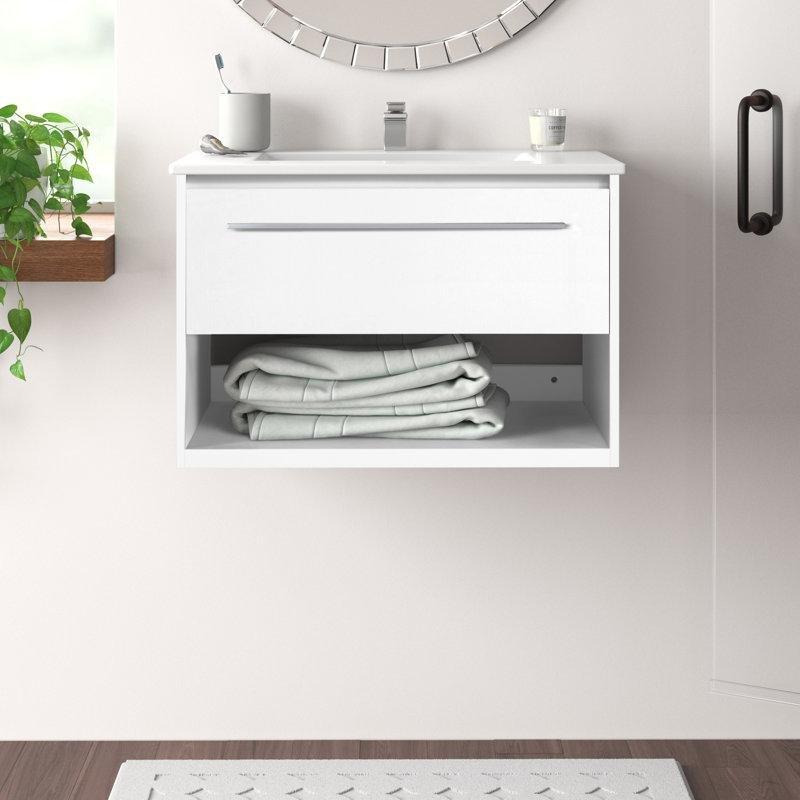 Beyaz Porselen Tezgahlı Ahşap Duvara Monte Çekmeceli Raflı Banyo Lavabo Dolabı - 77 cm - 201108