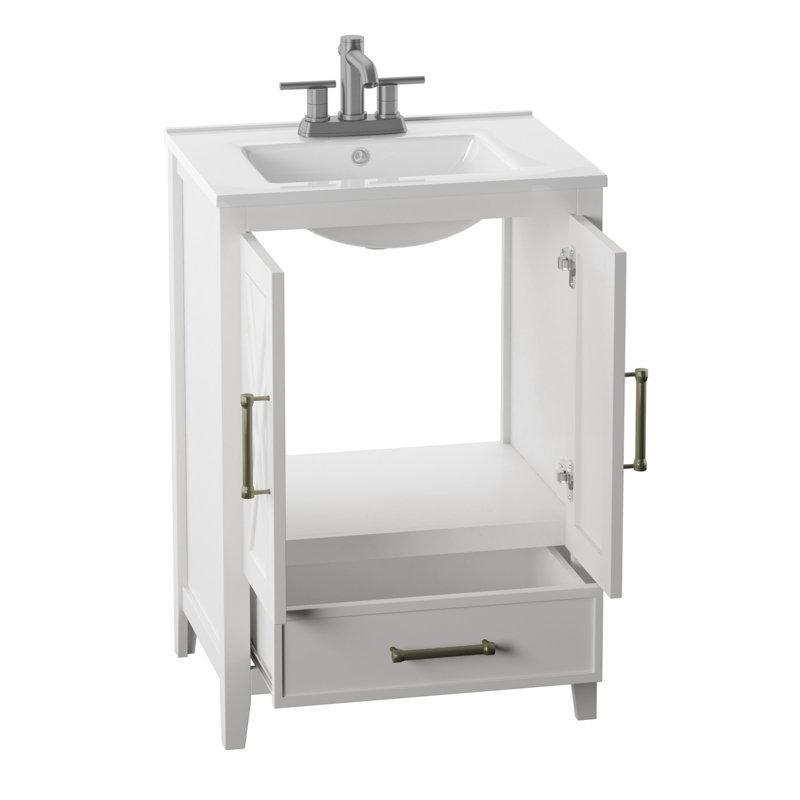 Beyaz Porselen Tezgahlı Endüstriyel Ahşap Çekmeceli Banyo Lavabo Dolabı - 61 cm - 198748