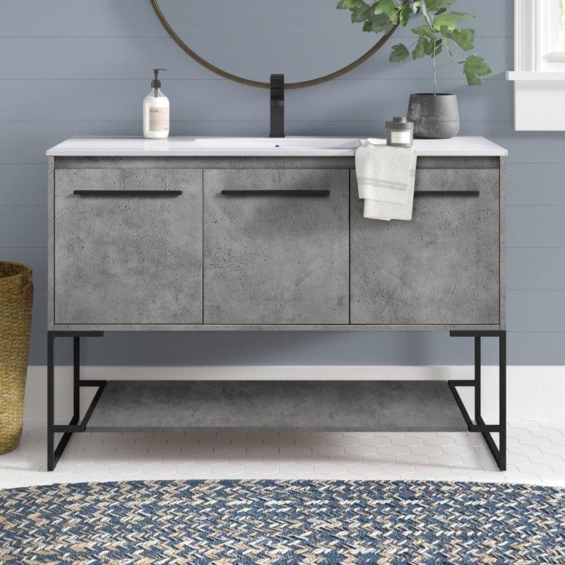 Beyaz Porselen Tezgahlı Endüstriyel Ahşap Çift Kapaklı Raflı Banyo Lavabo Dolabı - 122 cm - 199935