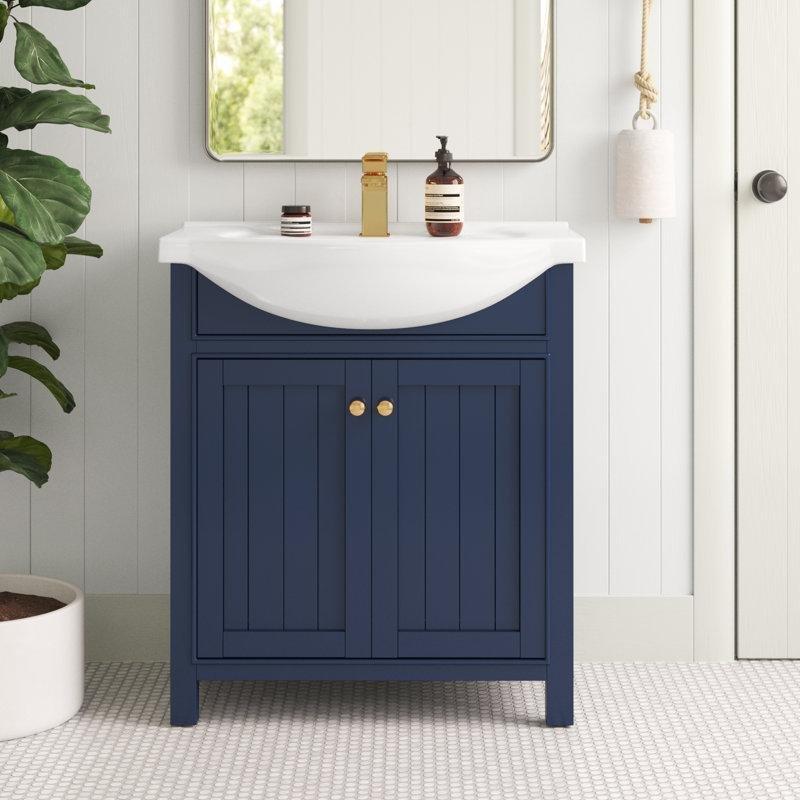 Beyaz Porselen Tezgahlı Huş Ağacı Ayaklı Banyo Lavabo Dolabı - 76 cm - 200311