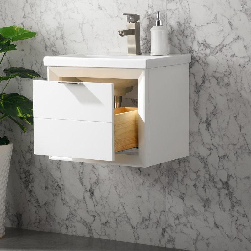 Beyaz Porselen Tezgahlı Huş Ağacı Tek Çekmeceli Duvara Monte Banyo Lavabo Dolabı - 51 cm - 199920