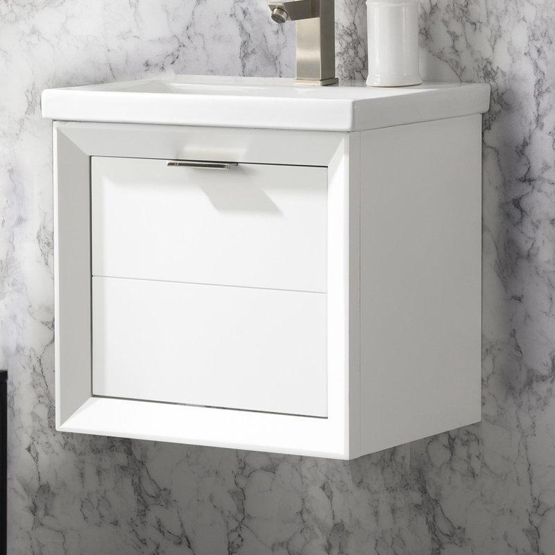 Beyaz Porselen Tezgahlı Huş Ağacı Tek Çekmeceli Duvara Monte Banyo Lavabo Dolabı - 51 cm - 199920