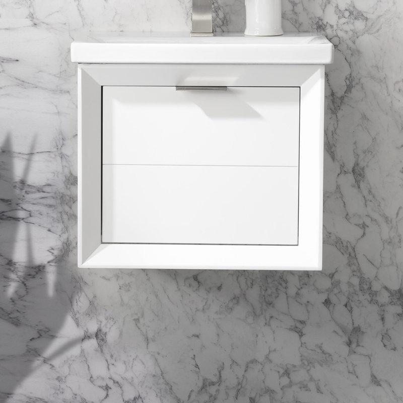 Beyaz Porselen Tezgahlı Huş Ağacı Tek Çekmeceli Duvara Monte Banyo Lavabo Dolabı - 51 cm - 199920