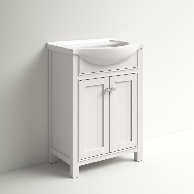 Beyaz Porselen Tezgahlı Masif Huş Ağacı Dahili Lavabolu Banyo Dolabı - 61 cm - 200522