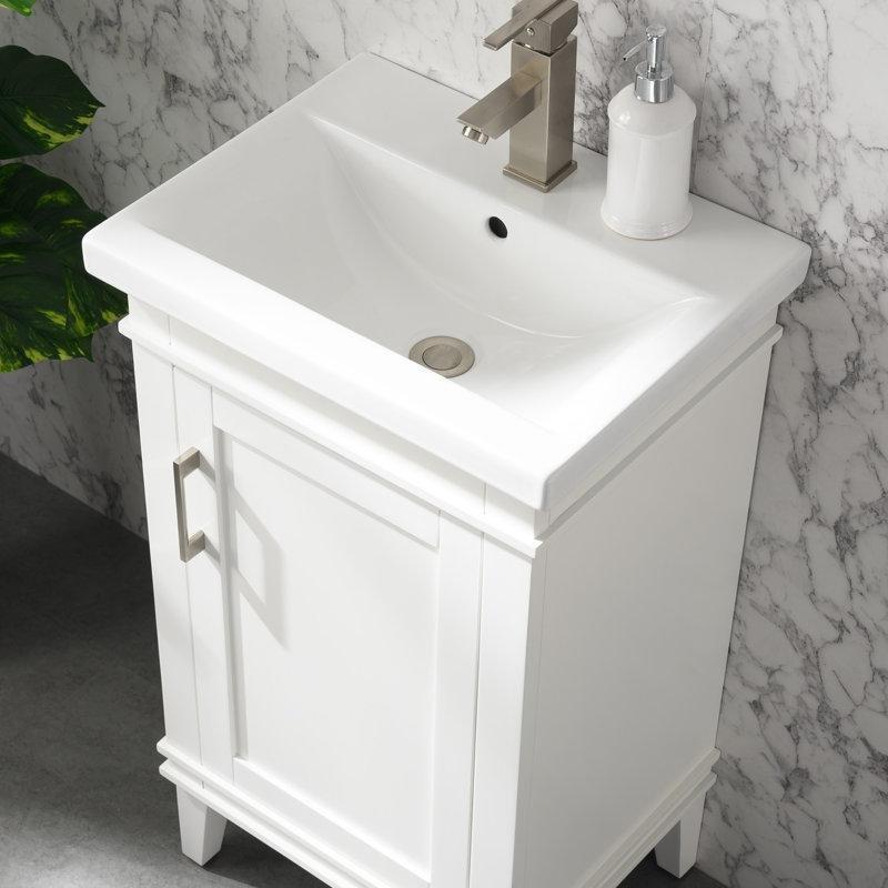 Beyaz Porselen Tezgahlı Masif Huş Ağacı Yavaş Kapanır Kapaklı Banyo Lavabo Dolabı - 51 cm - 200825