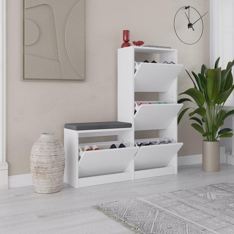 Beyaz Puflu Melamin Kaplı Yonga Levha Ayakkabılık - 105x119x26 cm - 227235