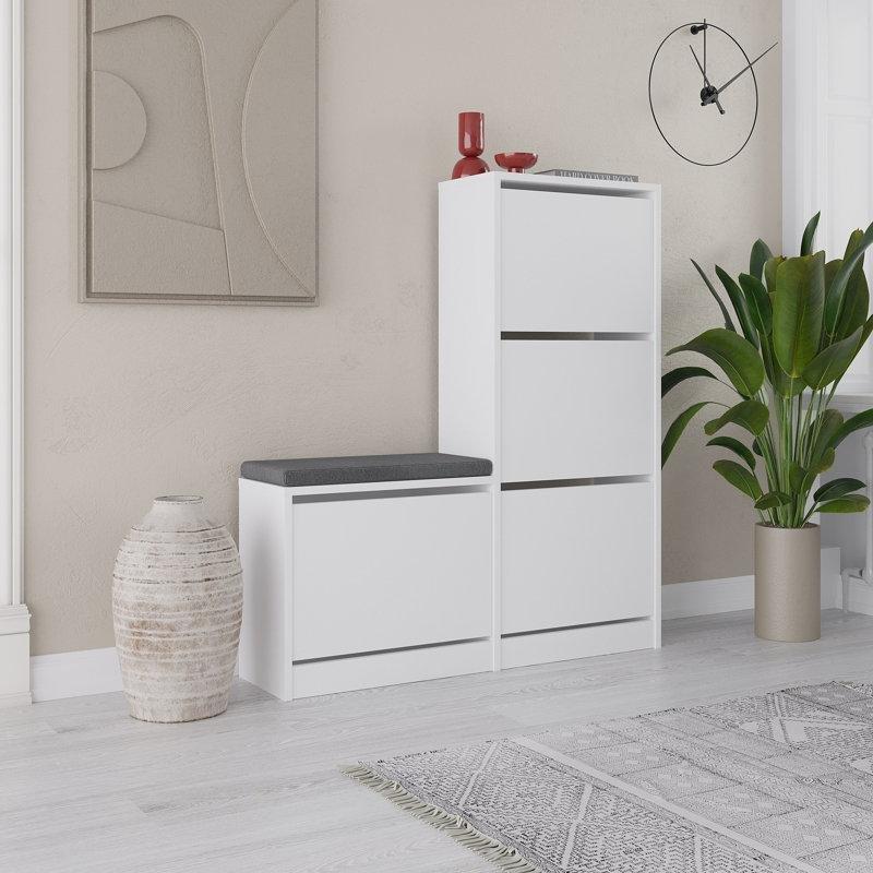Beyaz Puflu Melamin Kaplı Yonga Levha Ayakkabılık - 105x119x26 cm - 227235