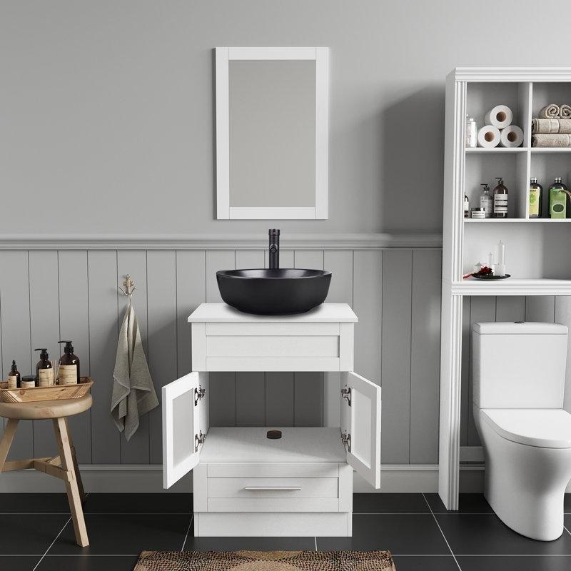 Beyaz PVC Aynalı ve Çekmeceli Çanak Lavabolu Ayaklı Banyo Dolabı Seti - 61 cm - 200104