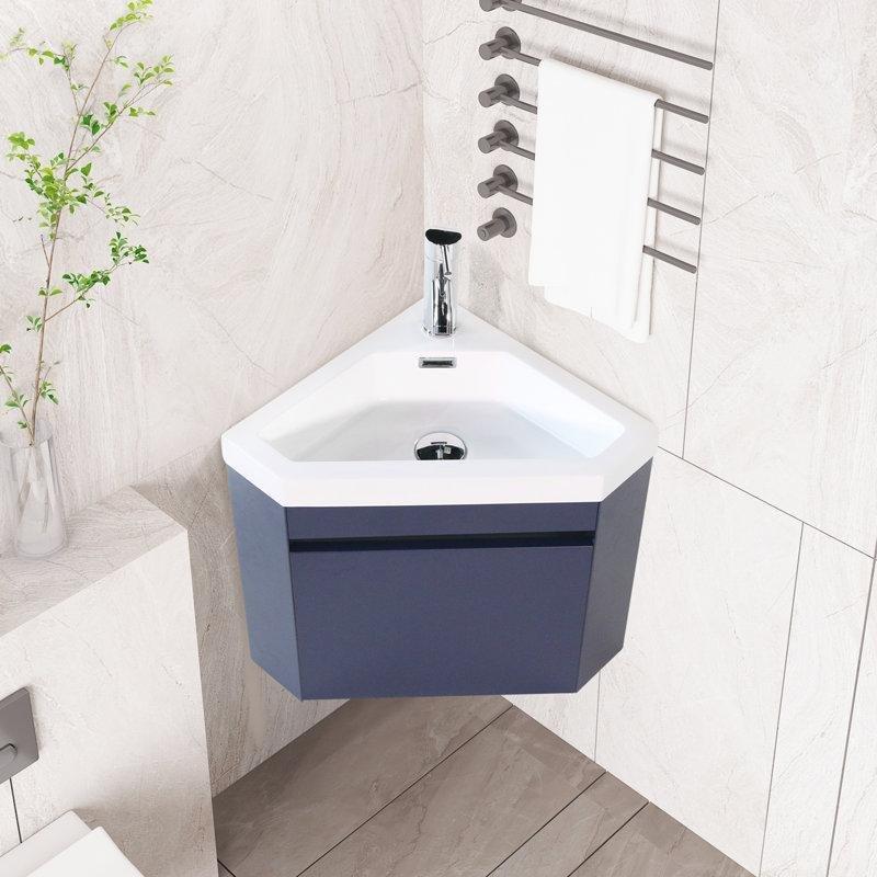 Beyaz Reçine Tezgahlı Duvara Monte Köşe Tipi Banyo Lavabo Dolabı - 57 cm - 198677