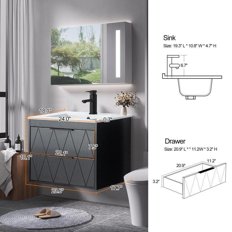 Beyaz Seramik Duvara Monte Çekmeceli Banyo Lavabo Dolabı Seti Mat Siyah Batarya Dahil - 61 cm - 197906