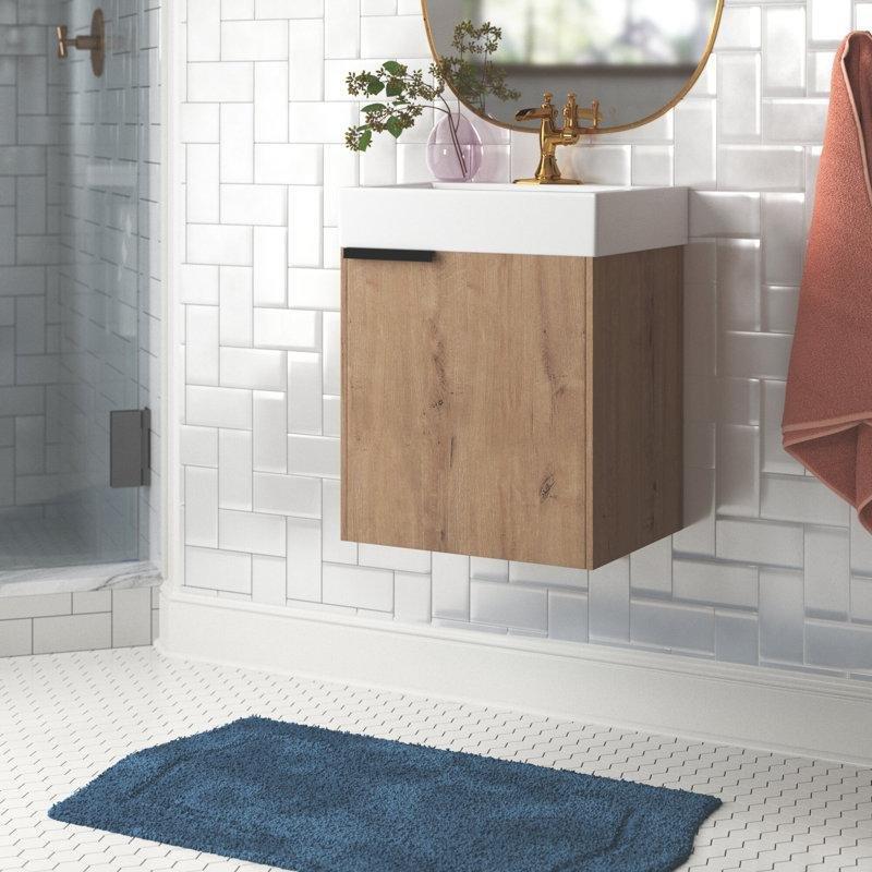 Beyaz Seramik Lavabolu Duvara Monte Bej Kontrplak Banyo Dolabı - 49 cm - 197817