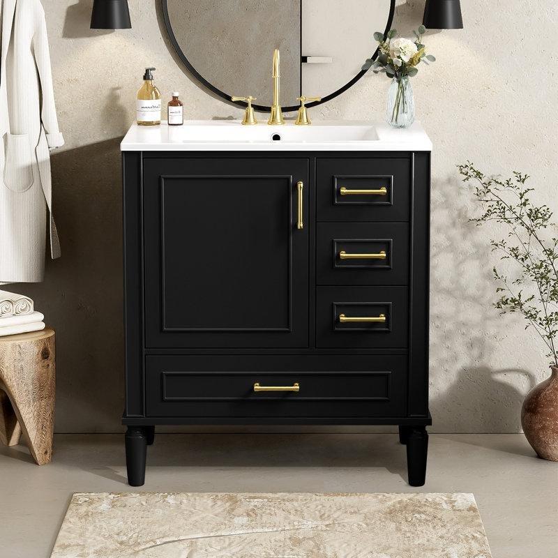 Beyaz Seramik Lavabolu Gold Kulplu Masif Ahşap Çekmeceli Ayaklı Banyo Dolabı - 77 cm - 198666