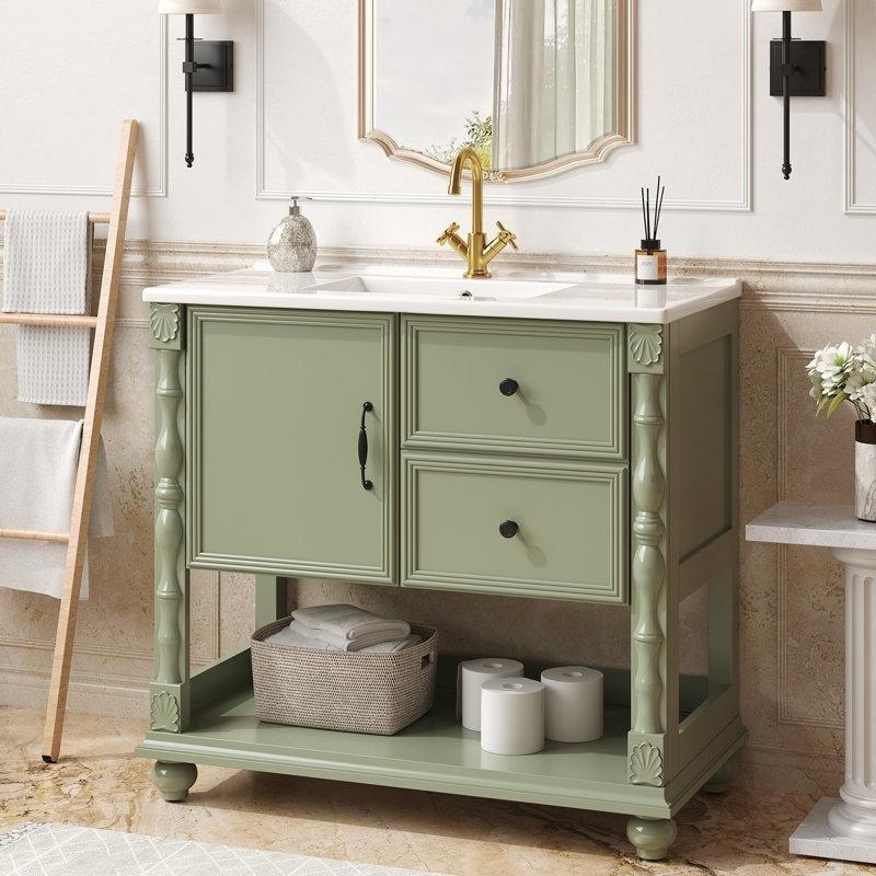Beyaz Seramik Lavabolu Masif Ahşap Ayaklı Çekmeceli Açık Raflı Banyo Dolabı - 92 cm - 197967