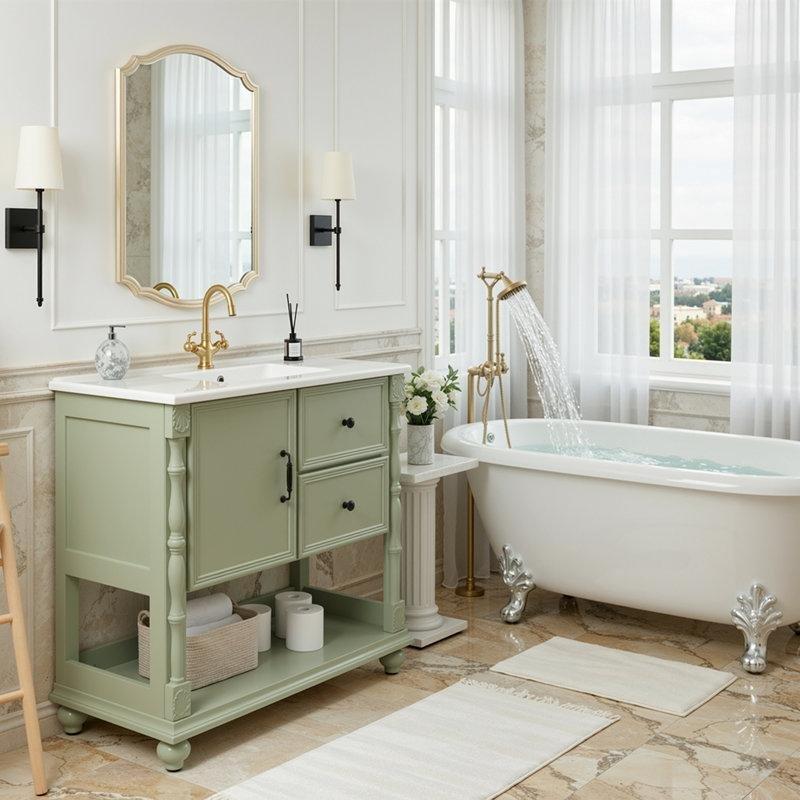 Beyaz Seramik Lavabolu Masif Ahşap Ayaklı Çekmeceli Açık Raflı Banyo Dolabı - 92 cm - 197967