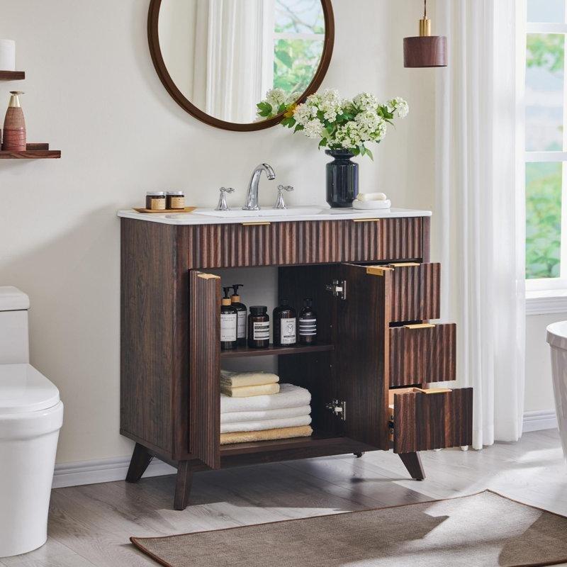 Beyaz Seramik Lavabolu Masif Ahşap Yavaş Kapanır Çekmeceli Ayaklı Banyo Lavabo Dolabı - 91 cm - 198384