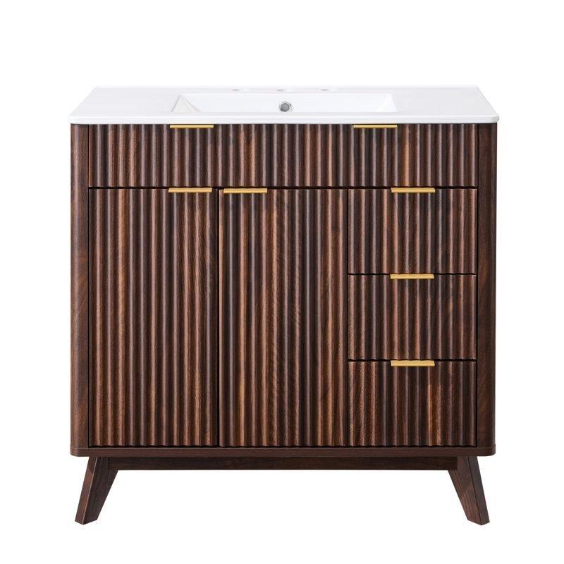 Beyaz Seramik Lavabolu Masif Ahşap Yavaş Kapanır Çekmeceli Ayaklı Banyo Lavabo Dolabı - 91 cm - 198384