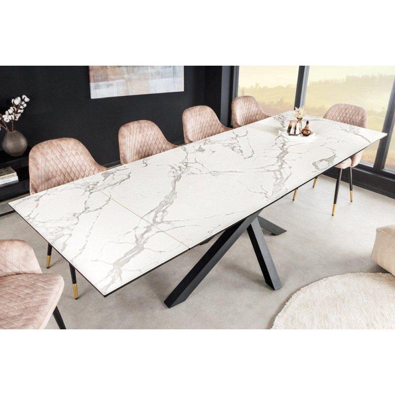 Beyaz Seramik Mermer Desenli Yıldız Ayaklı Açılabilir Bohem Yemek Masası - 180-260x90 cm - 236482