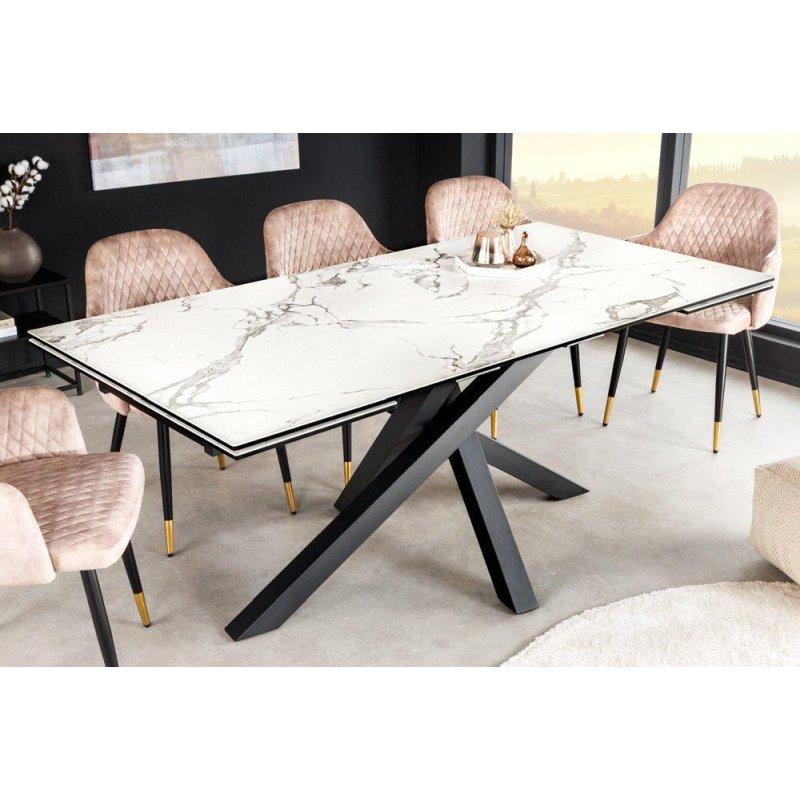 Beyaz Seramik Mermer Desenli Yıldız Ayaklı Açılabilir Bohem Yemek Masası - 180-260x90 cm - 236482