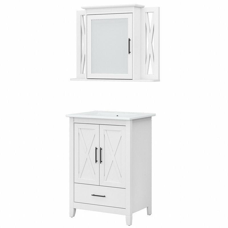 Beyaz Seramik Tezgahlı Aynalı ve Çekmeceli Ahşap Banyo Lavabo Dolabı - 81 cm - 198947